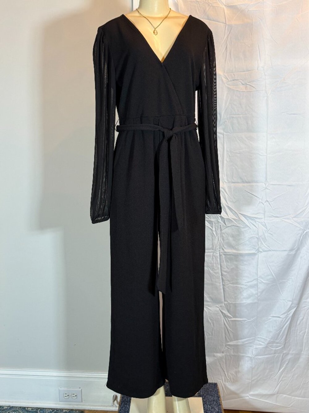 Cato Black LS Jumpsuit with Sash and Sheer sleeves. Women's L NWT!